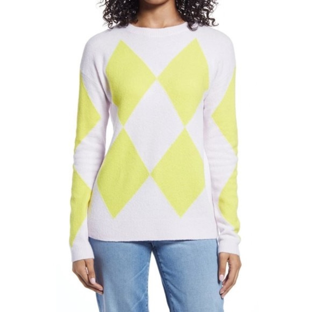 Halogen Argyle Sweater S Yellow Pink Diamond Knit Top Crew Neck Long Sleeves